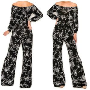 Janette Fashion Black White Floral Bell Long Sleeve Off Shoulder Jumpsuit